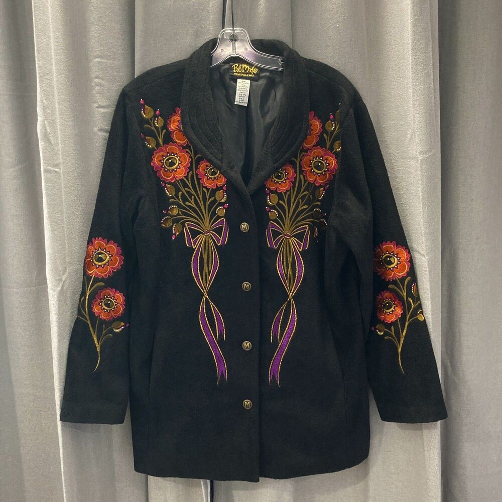 Bob Mackie Wearable Art Fleece Jacket Black Embroidered Floral Size Large